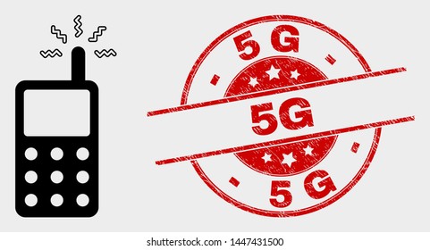 Vector cell phone icon and 5G seal stamp. Red rounded textured seal stamp with 5G caption. Vector combination for cell phone in flat style. Black isolated cell phone symbol.