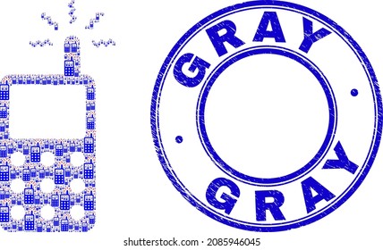 Vector cell phone icon collage is made with scattered self cell phone parts. Gray scratched blue round seal imitation. Recursive composition of cell phone icon.