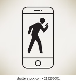 Vector cell phone line art icon with man texting while walking pictogram on screen | Man checking status update while walking pictogram