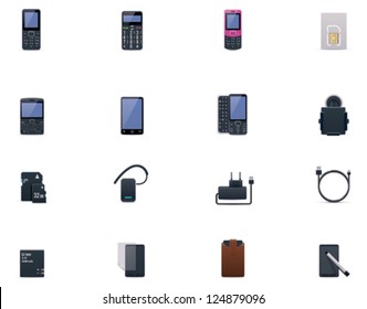 Teléfonos celulares vectores y conjunto de iconos de accesorios móviles