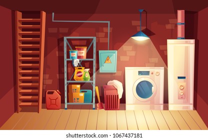 Vector cellar interior, laundry inside the basement in cartoon style. Storage with shelves, furniture, appliances - washing machine, heating system. Architecture background of storehouse