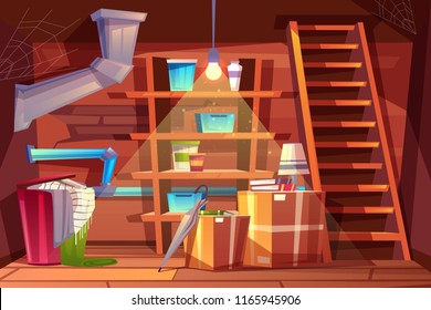 Vector cellar interior, storage of clothing inside the basement in cartoon style. Storeroom with shelves, furniture, pipeline. Illuminated by light of lamp bulb. Architecture background of storehouse