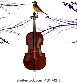 vector cello brown with the bird on the fretboard and branches