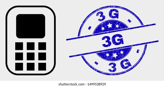 Vector cellphone icon and 3G seal stamp. Red round scratched seal with 3G text. Vector composition in flat style. Black isolated cellphone icon.