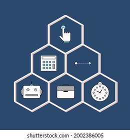 Vector cellular infographic chart, template for business, presentations, web design, 6 options. Icons robot, briefcase, clock, time, button, calculation, path, idea, information, plan, strategy. Diagr