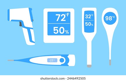 Termómetros meteorológicos de Vector Celsius y Fahrenheit para medir el calor y la temperatura fría invernal. Icono del termómetro en estilo plano. Escala de temperatura para Clima o medicina de pronóstico de medición.