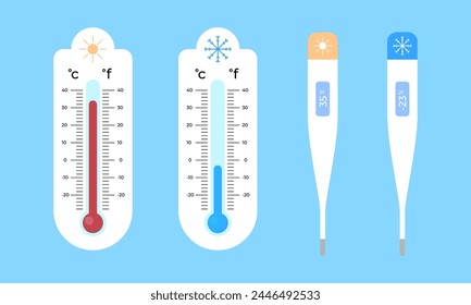 Vector Celsius and Fahrenheit meteorology thermometers for measuring heat and cold winter temperature. Thermometer icon in flat style. Temperature scale for measurement forecast weather or medicine.