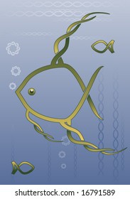 Vector celtic fish swimming in a sea of braids and bubbles