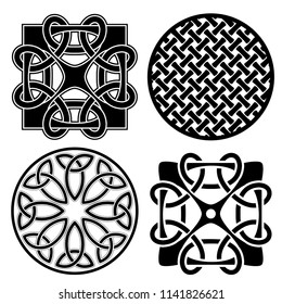 Vector celtic square and round knot. Ethnic ornament. Geometric design. Black and white silhouette. Stamp. Stencil design.