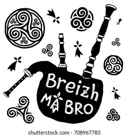 Vector Celtic symbols and biniou (breton bigpipe) silhouette with sign "Breizh Ma Bro" (Brittany My Country)