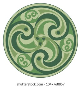 Vector celtic triskelion spiral symbol. Motif of twisted triple spiral, exhibiting rotational symmetry. In green pastel tones. Ancient, vintage style. For tile, web, label, stickers, decor, logo