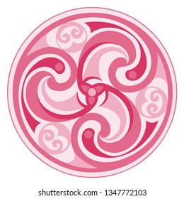 Vector celtic triskelion spiral symbol. Motif of twisted triple spiral, exhibiting rotational symmetry. In pink tones. Ancient, vintage style. For tile, web, label, stickers, decor, logo
