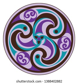 Vector celtic triskelion spiral symbol. Motif of twisted triple spiral, exhibiting rotational symmetry. In purple blue tones. Ancient, vintage style. For tile, web, label, stickers, decor, logo