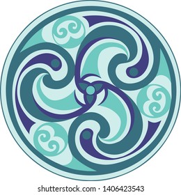 Vector celtic triskelion spiral symbol. Motif of twisted triple spiral, exhibiting rotational symmetry. In blue turquoise tones. Ancient, vintage style. For tile, web, label, stickers, decor, logo