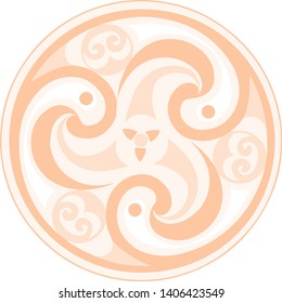 Vector celtic triskelion spiral symbol. Motif of twisted triple spiral, exhibiting rotational symmetry. In light orange tones. Ancient, vintage style. For tile, web, label, stickers, decor, logo