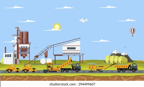 Vector Cement Factory And Work Machines Paver, Asphalt, Road Construction, Cold Milling Machine, Tipper, Car, SUV