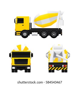 Vector of cement mixer truck in different views isolated on white background.