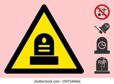 Vector cemetery flat warning sign. Triangle icon uses black and yellow colors. Symbol style is a flat cemetery hazard sign on a pink background. Icons designed for careful signals, road signs,