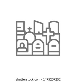 Vector cemetery, tombstones, gravestones, grave line icon.