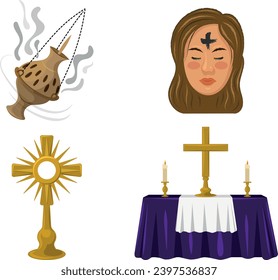 Vector de censador, Miércoles de Ceniza, Sacramento Bendito y altar con mantel morado para Cuaresma. Conjunto de elementos de la religión católica. Cuaresma y Semana Santa.