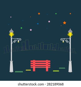 vector Central Park bench and streetlight on city background 