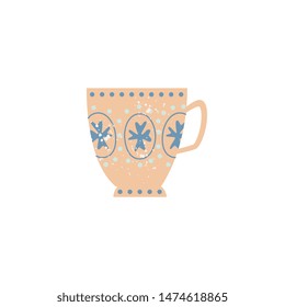 Vector ceramic crockery cup decorated with abstract pattern. Faience teacup, breakfast porcelain pottery. Traditional home dishware. kitchen drink mug. Isolated illustration.