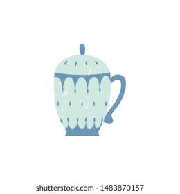 Vector ceramic crockery teapot decorated with abstract pattern. Faience breakfast porcelain pottery. Traditional home dishware. kitchen drink mug. Isolated illustration.