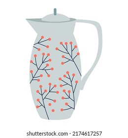 Vector ceramic jug, jar, tableware, kitchen utensils or crockery. Modern dish with floral decorative ornament