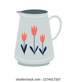 Vector ceramic jug, jar, tableware, kitchen utensils or crockery. Modern dish with floral decorative ornament
