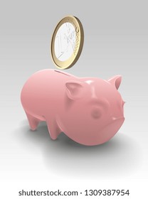 Vector Ceramic Money Saving Pig With Euro Coins Illustration