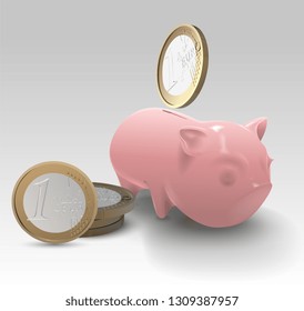 Vector Ceramic Money Saving Pig With Euro Coins Illustration
