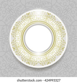 Vector Ceramic Ornamental Plate Isolated on Grey Ornamental Background. Top View