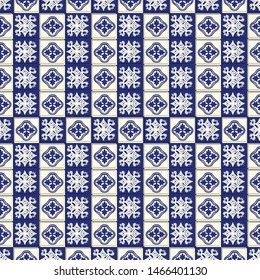 Vector ceramic tile pattern, Lisbon floral mosaic, Mediterranean seamless navy blue ornament. Portuguese azulejo background