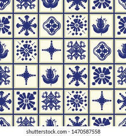 Vector ceramic tile pattern, Lisbon floral mosaic, Mediterranean seamless navy blue ornament. Portuguese azulejo background