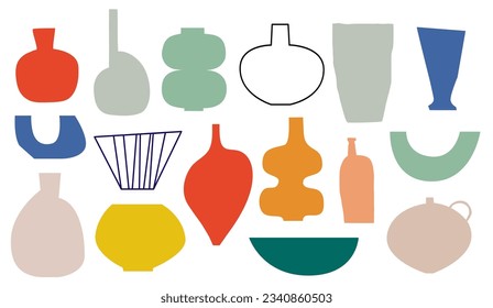 Vector ceramic vases in trendy minimalism. Modern Pottery for posters, abstract wall art, invitation, social media posts, and stories. Vector EPS 10 design elements.