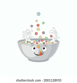 Vector Cereal Bowl, Cartoon Face, Breakfast Illustration, Bowl Isoalted on White Background.