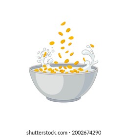 Vector cereal bowl, Corn Flakes falling into a bowl isolated on white background, breakfast concept.