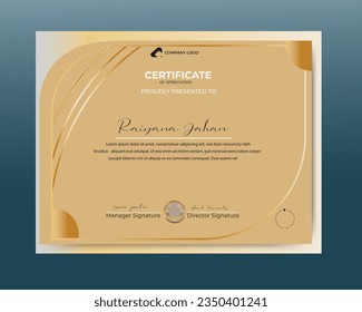 Vector certificate of appreciation template golden  color clean modern certificate with gold badge certificate, Vector elegant  gold diploma certificate template, 