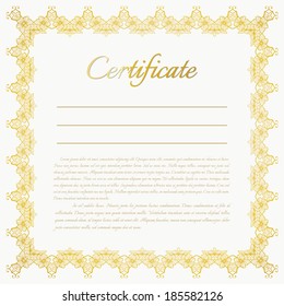Vector certificate background. Golden floral frame