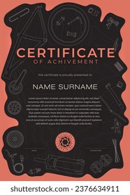 Vector certificate and diploma template. Bicycle parts. Black background.