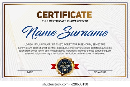 Vector certificate or diploma template with line pattern and luxury gold award emblem.