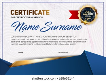 Vector certificate or diploma template with line pattern and luxury gold award emblem.