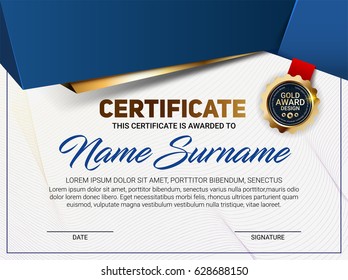 Vector certificate or diploma template with line pattern and luxury gold award emblem.