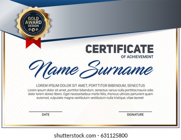Vector certificate or diploma template with line pattern and luxury gold award emblem.
