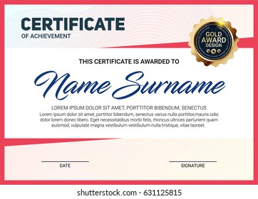 Vector certificate or diploma template with line pattern and luxury gold award emblem.