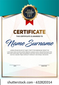 Vector certificate or diploma template with line pattern and luxury gold award emblem. 