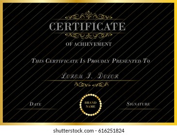 Vector certificate of diploma template, retro, vintage design, gold on black background