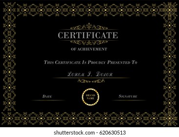 Vector certificate of diploma template, retro, vintage design, gold on black background