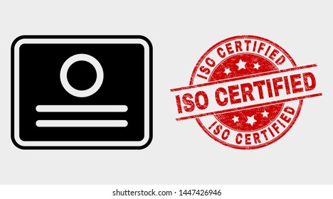 Vector certificate icon and ISO Certified seal stamp. Red round distress seal stamp with ISO Certified text. Vector combination for certificate in flat style. Black isolated certificate icon.