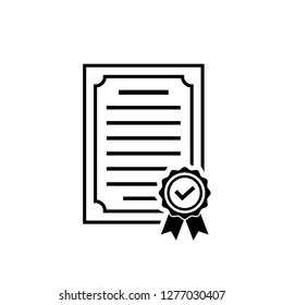 Vector certificate icon with rosette and check. Black achievement symbol in flat style isolated on white background. Award, grant or diploma symbol. Simple icon for web site design or button to app.